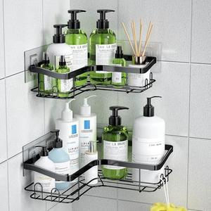 KiKiRico Corner Shower Caddy, 2 Pack Adhesive Shower Organizer with 8 Hooks, No Drilling Rustproof Stainless Shower Shelves for Bathroom, Organizers and Storage Racks, Black
