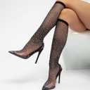 NEWBELLA Women's Rhinestone Mesh Pointed Toe Stiletto Heeled Boots  Sexy Knee High Slip-On Glitter Sock Boots for Party, Night Out, Clubwear Black 8