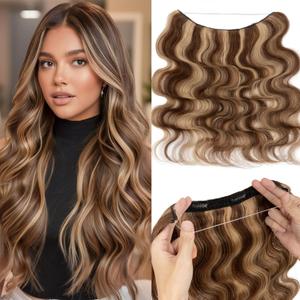 Rich Choices Halo Hair Extensions Real Human Hair Remy Hairs Halo Extension for Women Invisible Wire One Piece Clip in Hairpiece 20 Inch Wavy-#4P27 Medium Brown Highlight Dark Blonde