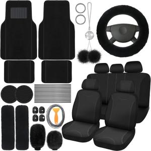 Woanger 47 Car Seat Cover Full Set for Women Included Car Front Rear Seat Fluffy Steering Wheel Cover Belt Automotive Floor Mats Air Conditioner Decoration Strip Universal(Black)
