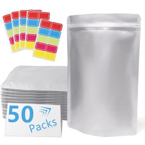 50 Pack 8.6 Mil 6''x9'' Mylar Bags for Long-term Food Storage with 50 Labels, Resealable Smell Proof Heat Sealable Bags for edible packaging, Strong Sealing Stand-up Foil Pouch Bag for Tea Dry Food