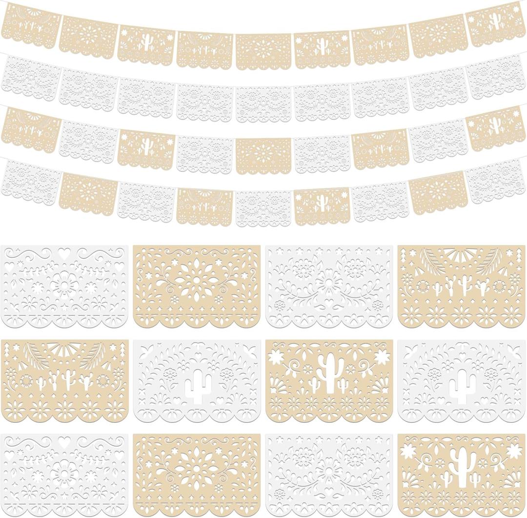 Tiamon 4 Pack 65 Feet Mexican Party Decoration Cielito Lindo Fiesta Plastic Papel Picado Garland White Cream Cinco de Mayo Baby Shower Banner for Indoor Outdoor Day of the Dead Party Decor Supplies