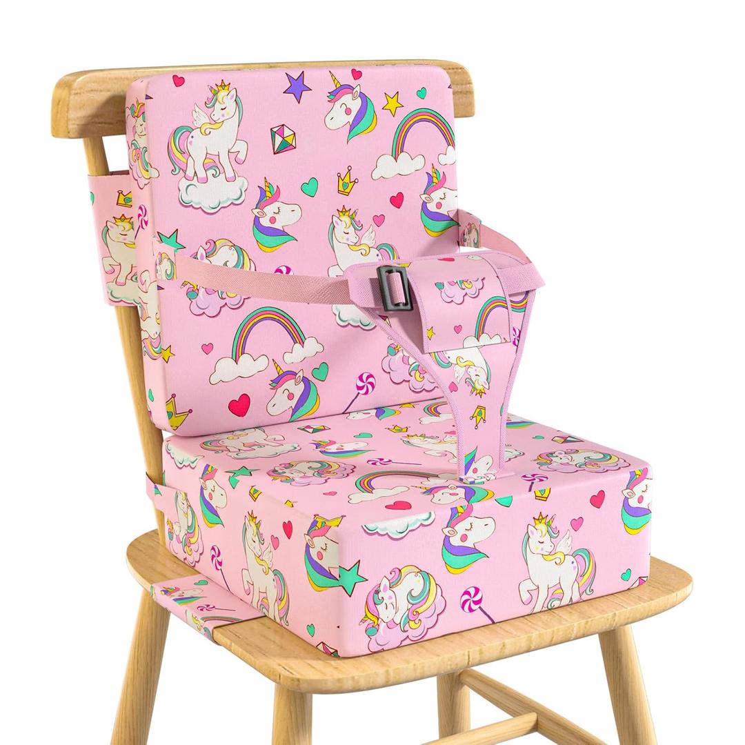 Booster Seat for Kitchen Chair with Backrest & 4 Adjustable Straps, TPU Waterproof & Anti-Scratch Toddler Booster Seat for Dining Table, Removable & Non-Slip(Unicorn)