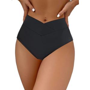HYTENSUN Women's Bikini Bottom High Waisted V Cut Swimsuit Twist Front Cheeky Swim Bottoms (Large, 843 Black)