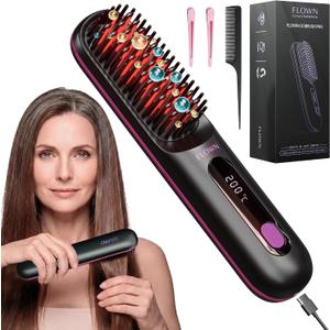 FLOWN Original Go Brush PRO [Five Minutes Hair Styling Routine] - No Damage Heat Brush with USB-C Charger - Electric Travel Pocket Brush for All Hair Types - Black (Formerly Numoya)