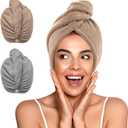 YFONG 2 Pack Microfiber Hair Towel Wrap for Women, Super Absorbent Quick Dry Hair Turban for All Hair Style Anti Frizz, Large Hair Drying Towel with Button (Standard: 26"X10", Gray/Brown)