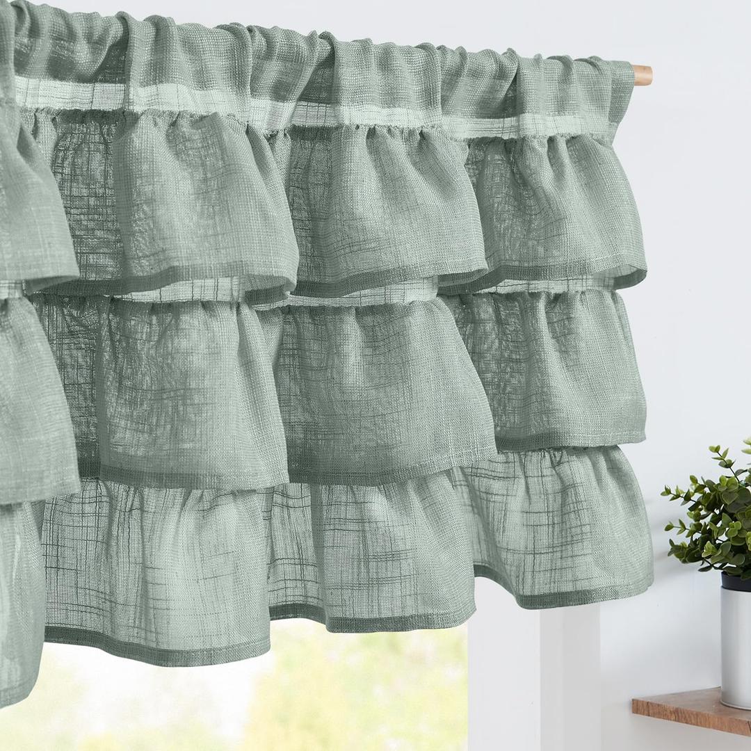 jinchan Ruffled Valance Curtain Slubbed Crossed Kitchen Valance Vintage Shabbychic Style for Living Room Small Windows 18 Inch Cottagecore Farmhouse Half Window Rod Pocket 1 Panel Frosty Green