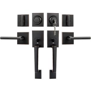 Goldenwarm Double Front Door Lock Set, Oil Rubbed Bronze Double Front Door Handle with Dummy, Square Exterior Door Lever with Reversible Lever, Single Cylinder Deadbolt Combo