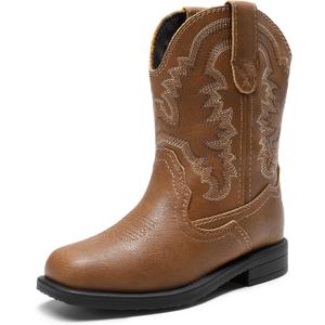 DREAM PAIRS Toddler Little Boys Girls Cowboy Boots Kids Western Square Toe Riding Mid Calf Boots (Brown)