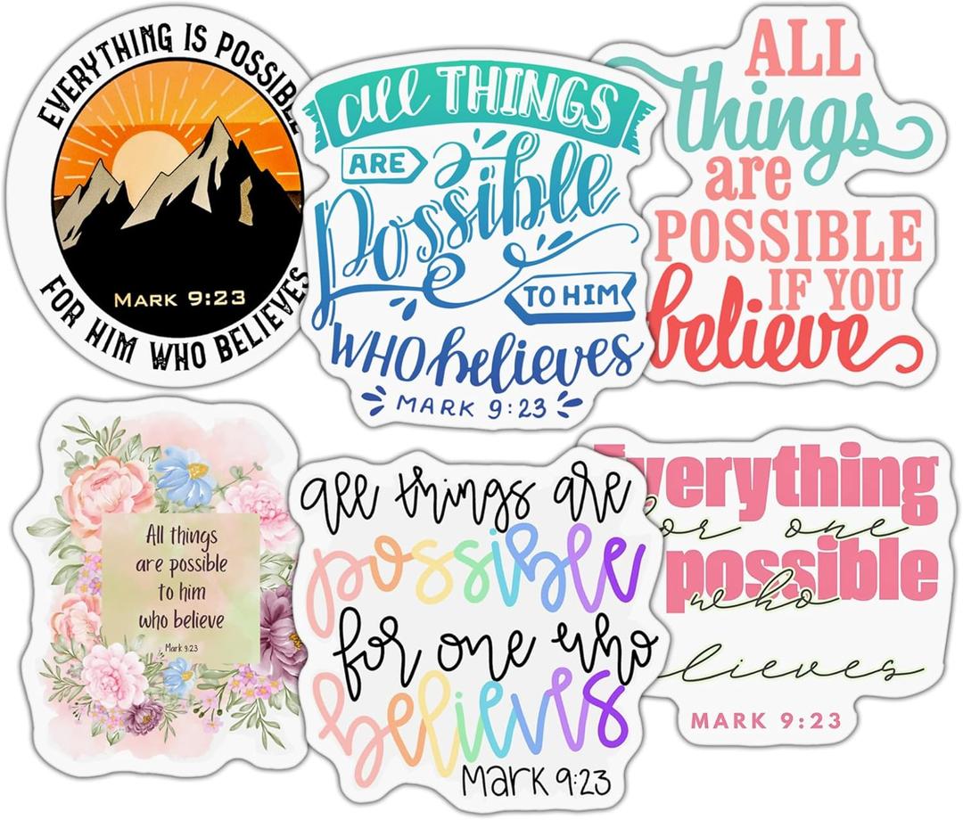 (6 PCS) Mark 9 23 All Things are Possible Christian, Bible Verse Sticker Waterproof Vinyl Decal Size 3"