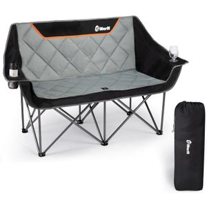 EMERIT Oversized Double Duo Camping Chair Folding Camping Loveseat 2 Person Camping Couch Heavy Duty Lawn Chairs for Outside with Padded Seats & Armrests-Support 650LBS (Black)