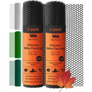 MaPorch Plastic Wire Mesh Fence - 15.7" x 10 ft 2-Pack Black - Durable Plastic Mesh & Netting for Garden Fence & Poultry Barrier - Temporary Chicken Wire Fencing for Dogs