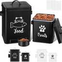 Funnymoom 2 Pcs Metal Cat Food Containers with Airtight Lids and Spoon 7+3 Lbs Cat Treat Storage Organizer with DIY Labels Big Pet Dry Food Jar Vintage Snack Bin for Kitchen Pet Owners Gift(Black)
