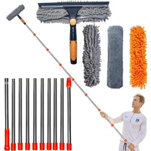 20 ft+ Reach Squeegee Window Cleaner Duster 2 in 1 Rotatable Window Cleaning Tool Kit with 3-14 ft Extension Pole, Window Washing Equipment for Indoor Outdoor Window Car Glass - 3 Pads
