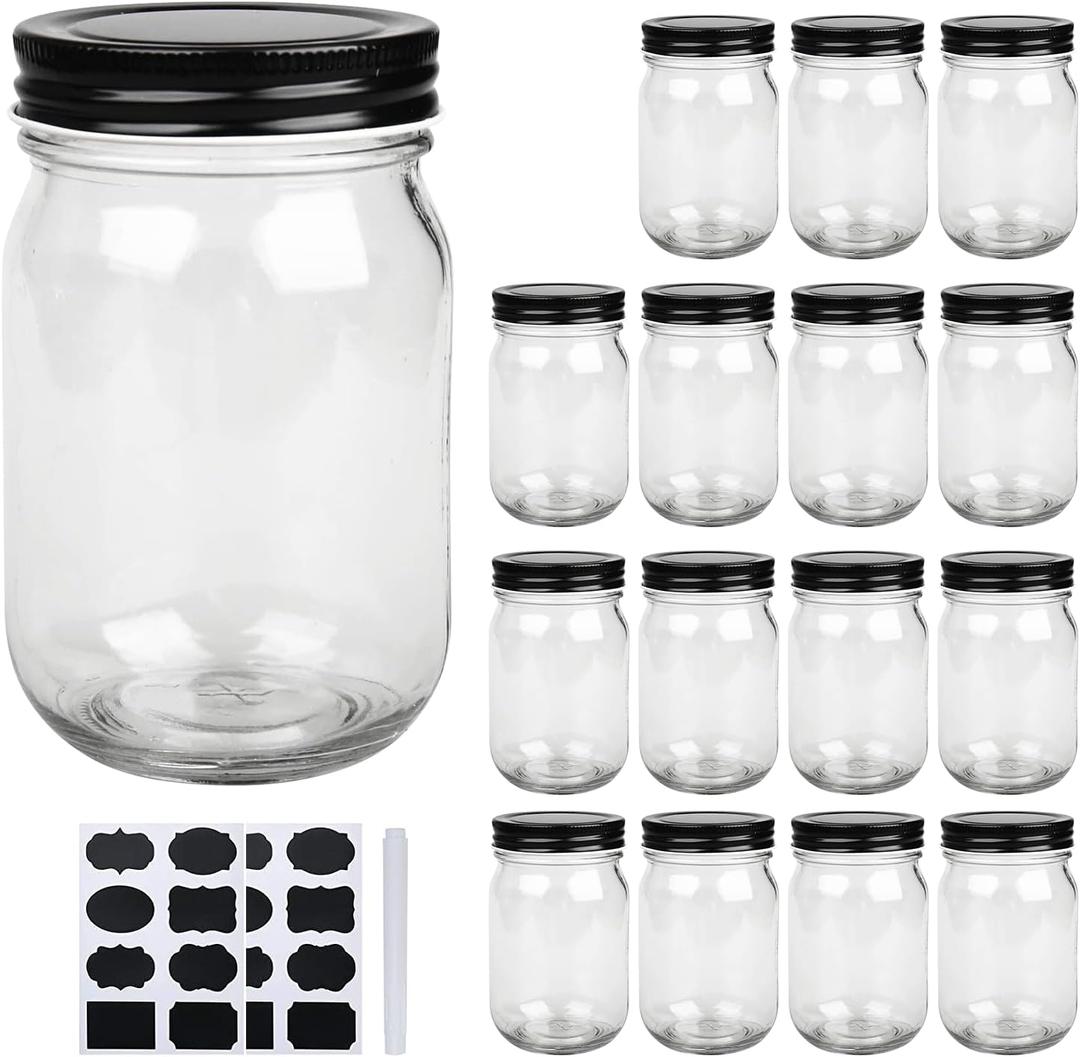 QAPPDA 16 oz Glass Jars With Lids, Wide Mouth Mason Jars,Glass Storage Jars For Food,Canning Jars For Pickles,Herb,Jelly,Jams,Honey,Kitchen Canisters Dishware Safe 16 Pack