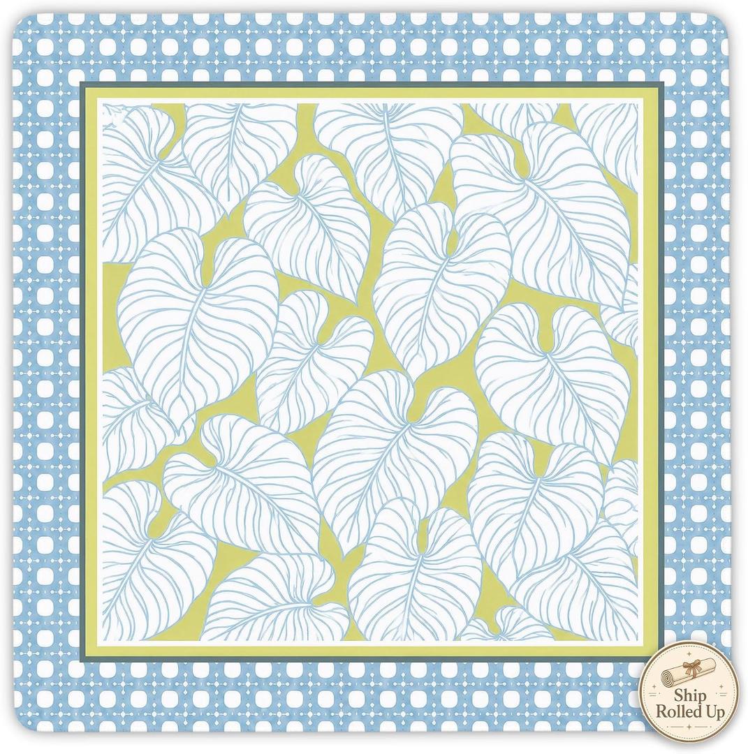 Leaf Pattern Blue Mahjong Mat for Table with Bag, 31.5x31.5 Inch