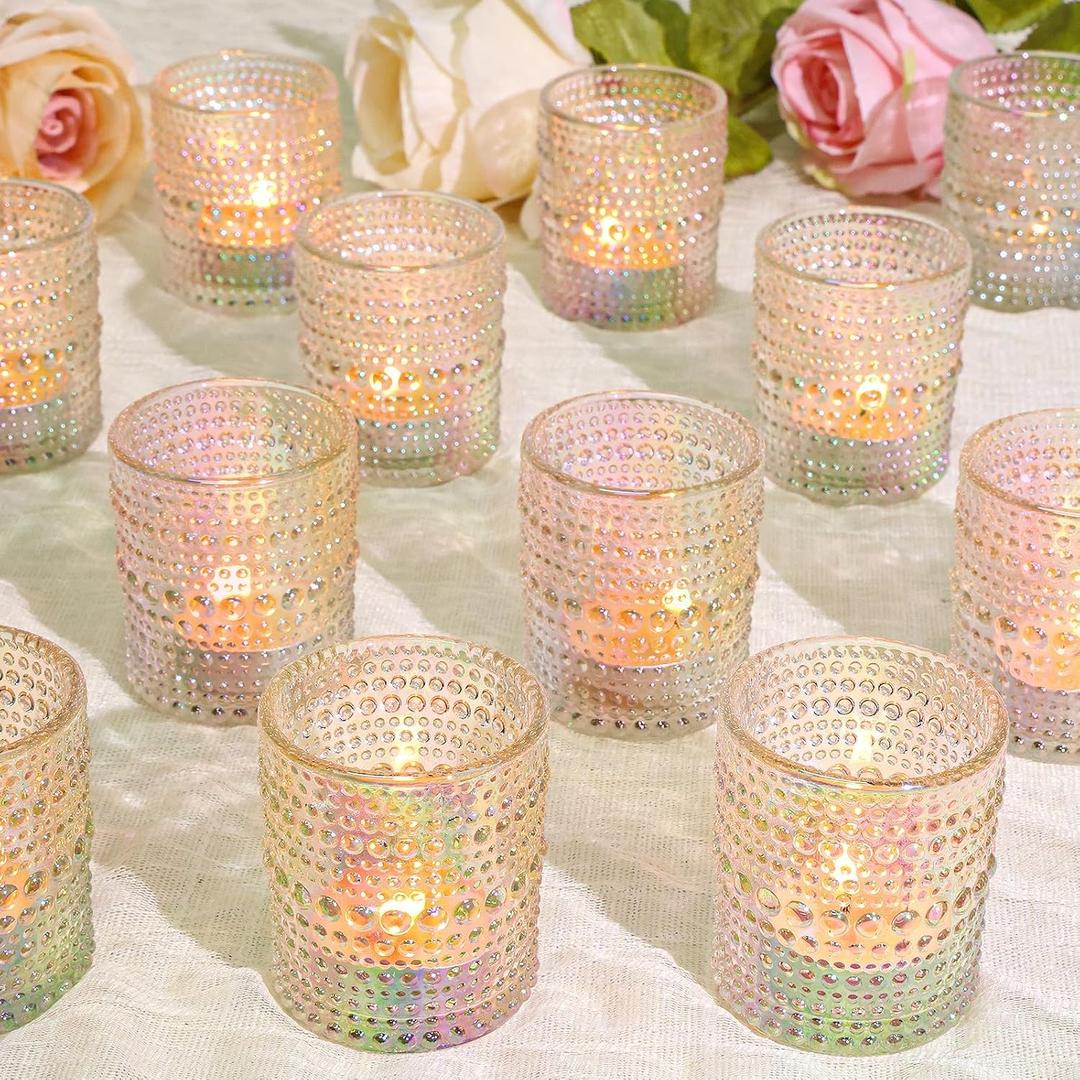 24 Pcs Votive Candle Holders, Glass Holders Bulk for Table Centerpiece, Tea Lights Candle Holders for Wedding Shower, Party and Home Decor Iridescent