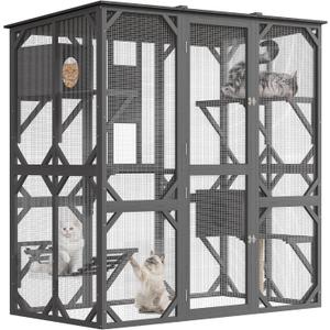 70 in Walk-in Catio with Window Access, Extra Large Outdoor Cat Enclosure for Multiple Cats, Waterproof Roof Cattery with Bridge and Scratching Post Outside Cat Patio Playpen Grey