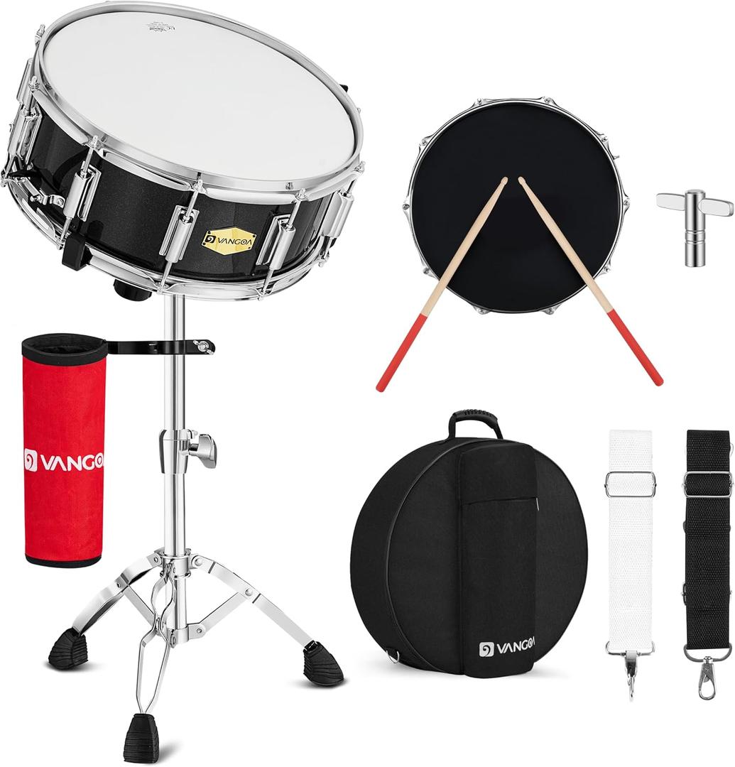Vangoa Snare Drum Kit with Remo Head 14" x 5.5" Student Marching School Band Beginner Practice Snare Drum with Stand, Drumstick Holder, Padded Gig Bag, Mute Pad, Neck Strap, and 5A Drum Sticks, Black