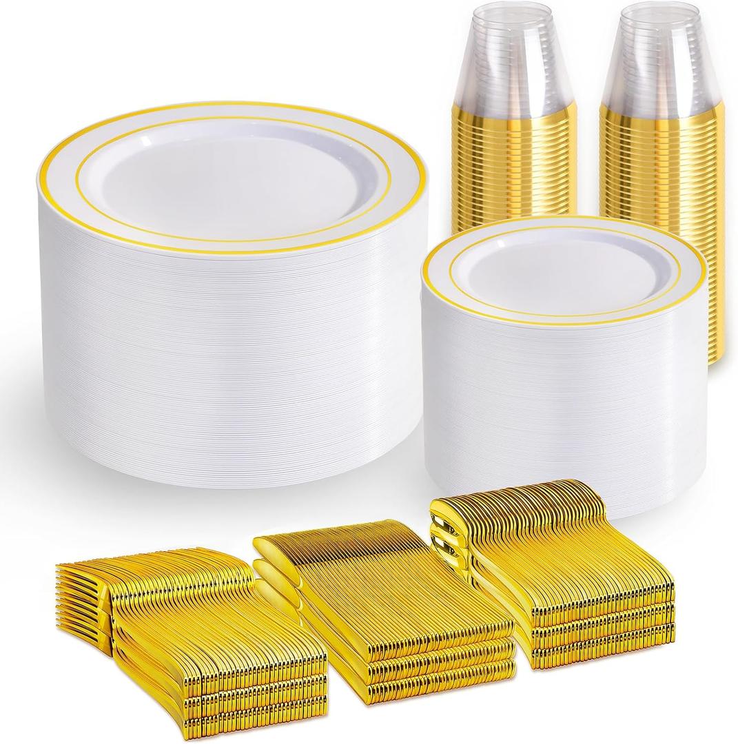 Gold Disposable Dinnerware Set for 100 Guests - 600PC BPA-Free Plastic Plates & Cutlery Kit with 100 Dinner Plates, Salad Plates, Forks, Knives, Spoons & Cups for Wedding, Party, Catering (Heavy-Duty)