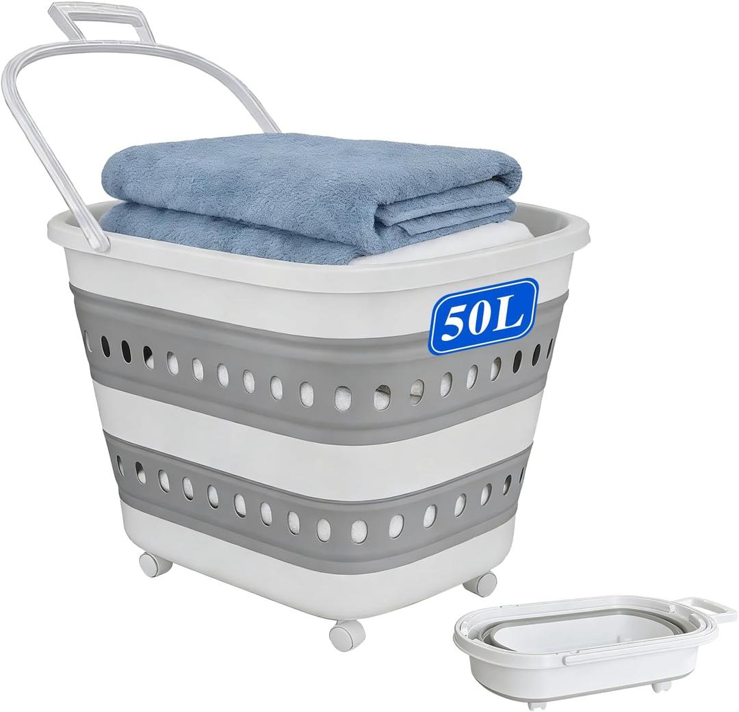 50L Collapsible Plastic Laundry Basket Hamper with Wheels, Foldable Laundry Basket with Handles, Pop Up Storage Container Organizer for Washing Storage, 13.39" X 3.74" X 17.32"