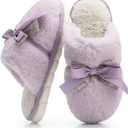 Cute Women's Memory Foam House Slippers - Fuzzy Plush Faux Fur Slippers with Bow Butterfly Tie - Anti-Skid Indoor/Outdoor Gifts for Women, Moms & Ladies (9-10, Purple)