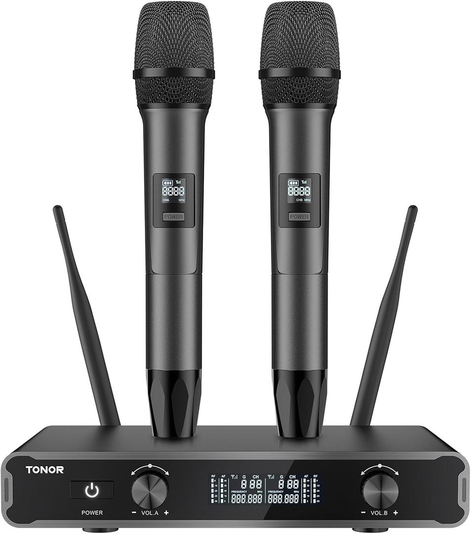 TONOR Dual Wireless Microphone Systems, UHF Cordless Karaoke Microfono Set, Metal Handheld Dynamic Mic 200ft for Singing with Receiver for Karaoke, DJ Party, Church, Wedding, Speech, PA TW450 Grey (Grey&Grey)