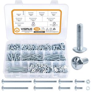VIGRUE 705PCS #8-32x1/2 to #8-32x2 Machine Screws 8/32 Knob/Pull Screws Bolt Nut Flat Washers Zinc-Plated Steel Phillips Machine Screws Assortment Kit, Cabinet Door and Drawer Screws