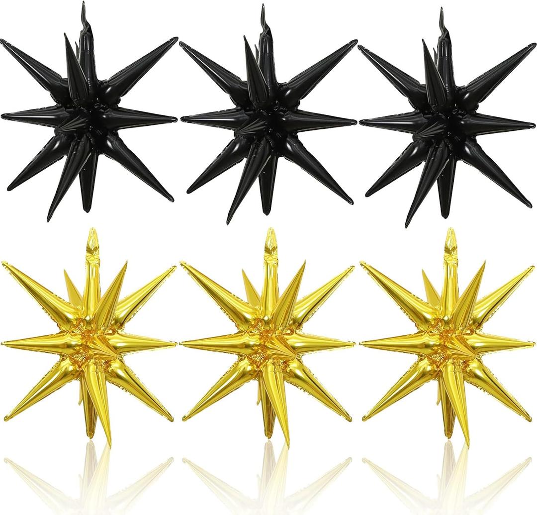 6PCS Black Gold Star Balloons, 22Inch Large Star Balloon Foil Balloons Spike Cone Balloon for Graduation Retirement Birthday New Year Party Decoration