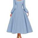 ZESICA Women's Long Sleeve Midi Dresses 2026 Fall Square Neck Swing A Line Wedding Guest Evening Prom Dress, S