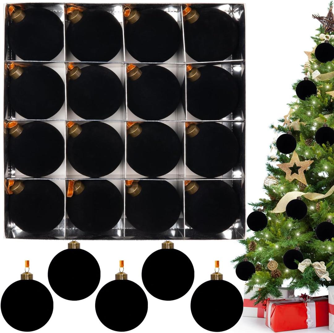 3.15" Black Velvet Christmas Ball Ornaments Set, 16 pcs Flocked Matte Black Xmas Tree Decoration, Large Shatterproof Decorative Hanging Balls for Party Holiday Wreath Garland Home Décor