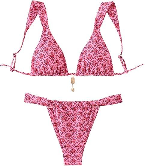 Women's 2 Piece Leopard Floral Bathing Suit Wireless Triangle Swimsuit High Waisted Bikini Sets L Pink