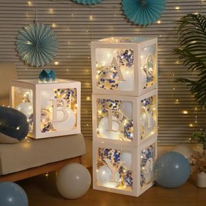 Baby Shower Balloon Box Decorations, 4 Pcs Baby Blocks Transparent Balloon Boxes with “BABY GIRL” Letters, 4 Pack Led Fairy String Lights and 40 Pcs Latex Balloons for Gender Reveal Backdrop(Blue)