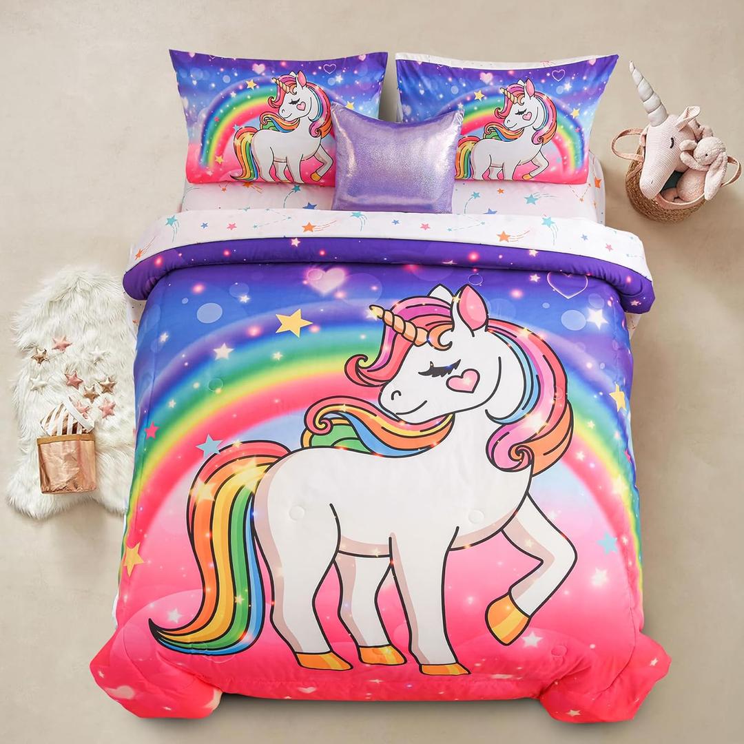 Aimuan Girls Unicorn Comforter Set 6 Pieces Pink Purple Bedding Set with Rainbow Star Galaxy Stars Fantasy Children Room Decor Soft Reversible Bed Sets for Boys/Girls/Teens (Pink-Purple Twin6Pcs)