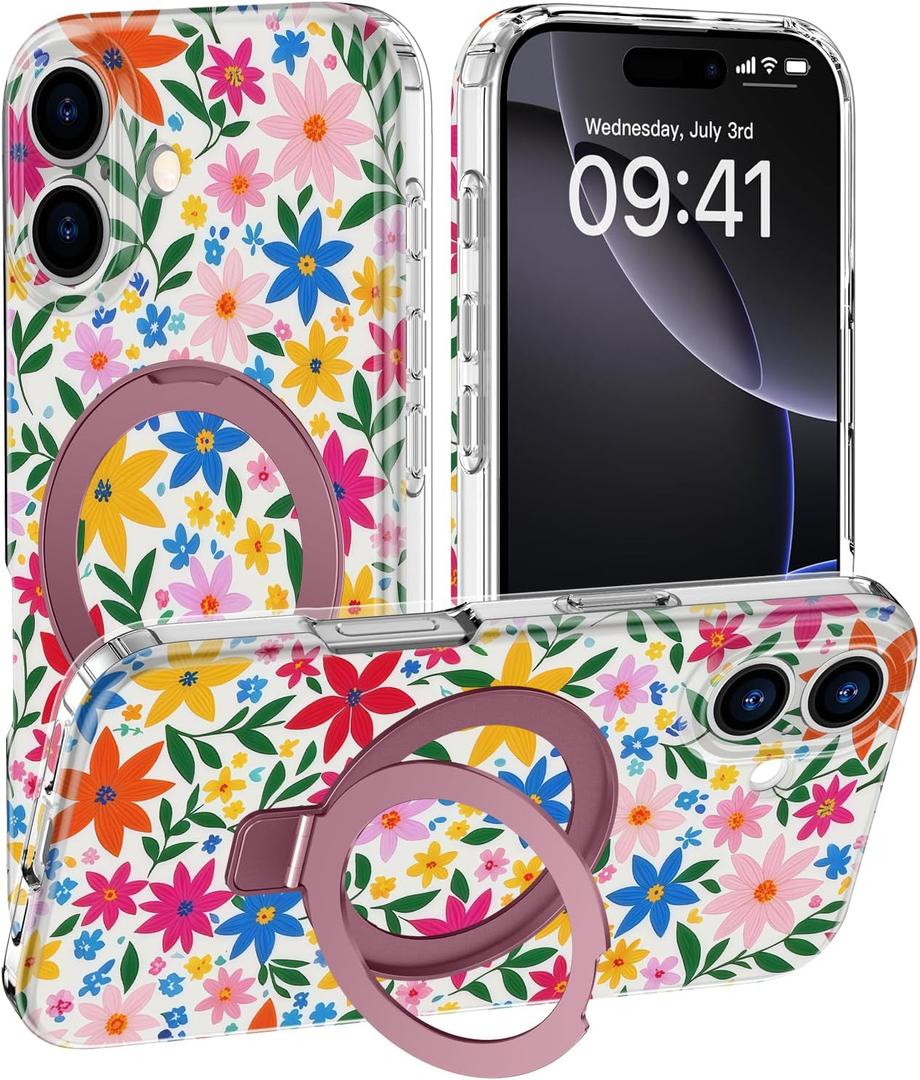 DEENAKIN for iPhone 17 Case - Wireless Charging Compatible - Integrated Multi-Functional Kickstand - Shockproof Protective Phone Case with Trendy Cute Designs for Women - Blooming Wildflower