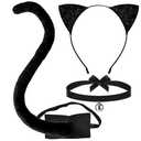 Jremreo 3-Piece Black Cat Ears and Tail Costume Accessory Set - Cat Ears Headband, Long Tail, and Bell Choker Necklace for Halloween, Dress-Up Parties, Cosplay, and Animal-Themed Party Supplies