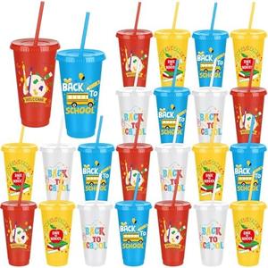 Pack of 2 Kochorie 24 Pieces Back to School Plastic Cups 24 oz Tumbler with Straw and Lid Reusable Drinking Cups Water Bottles for First Day of School Party Supplies