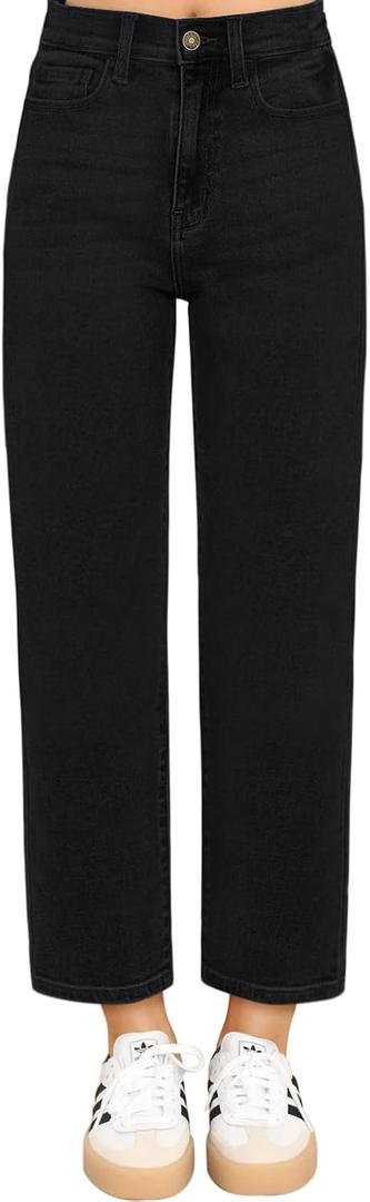 KDF Women's Cropped Straight Leg Jeans - High Waisted Jeans for Women 7/8 Length Denim Pants Black Size 6