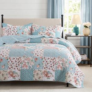 palassio 100% Cotton Reversible Patchwork Quilt,King Size, Pink&Blue
