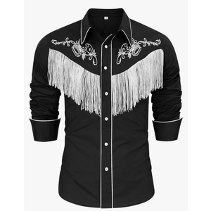 CORSKI Men's Cowboy Costume Western Long Sleeve Casual Fringe Hippie Slim Fit Button Down Shirt 3XL Black