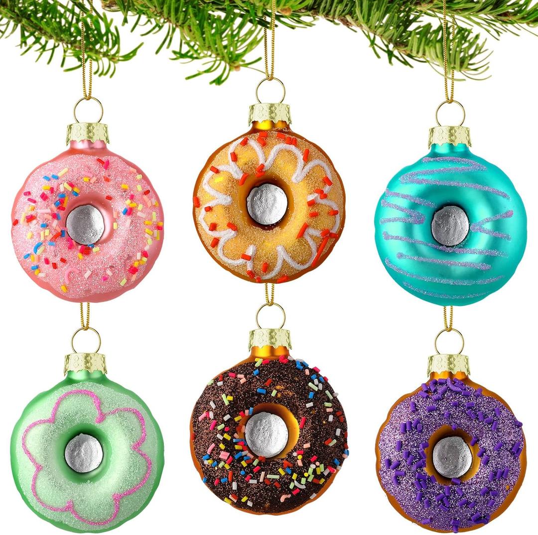6 Pack Christmas Cupcake Ornaments Glass Christmas Tree Donut Hanging Ornaments Mini Glass Blown Cupcake Donut Dessert Decor Set for Xmas Tree Pendant Home Birthday Party Decoration(Donut Style)