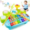 Baby Piano Drum Set for Toddlers 1-3, Musical Toys 3 In 1 Baby DJ Table Piano Keyboard Xylophone Instruments for 1 2 Year Old Boys Girls Music & Light Activity Table 6-12-18 Months Old Birthday Gifts