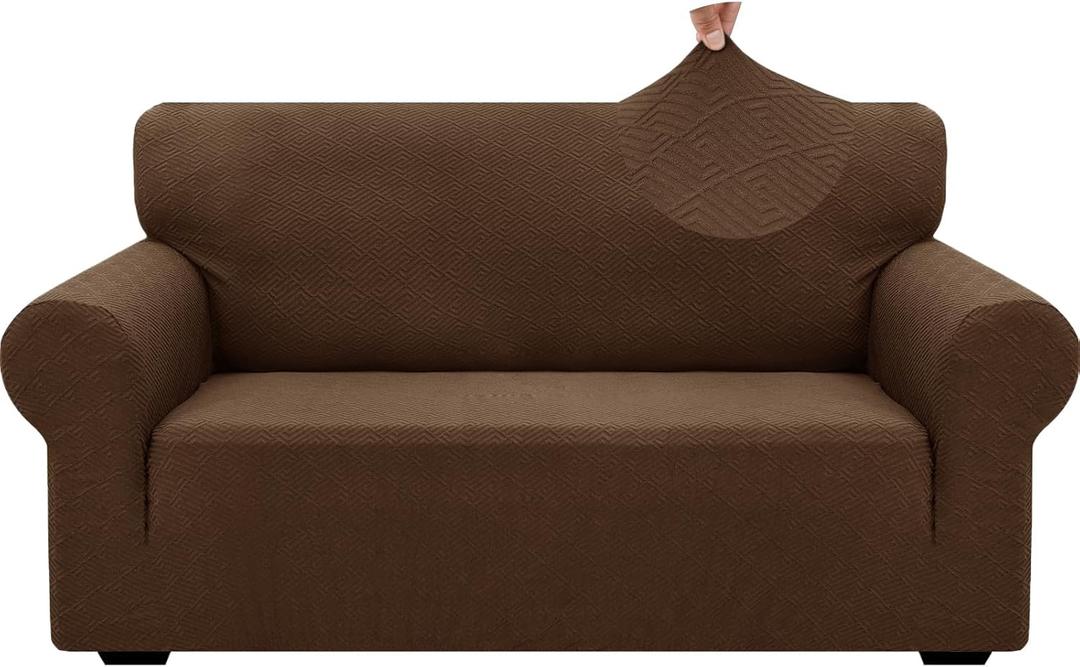 ZNSAYOTX 1 Piece Jacquard Couch Covers for 2 Cushion Couch High Stretch Loveseat Slipcover for Pets Dogs Anti Slip Love Seat Sofa Slipcover Furniture Protector (Medium, New Pattern Coffee) (Medium (55"-69"))
