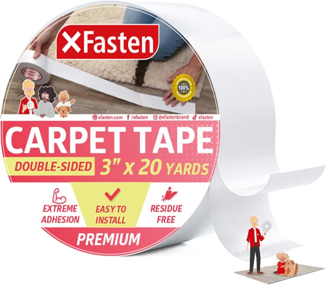 XFasten Double Sided Carpet Tape for Area Rugs, 3 Inch x 20 Yards  Heavy Duty Anti Slip Rug Grip Tape, Works as Rug Gripper, Residue Free, Wood Safe, Easy Removal for Hardwood and Laminate Floor