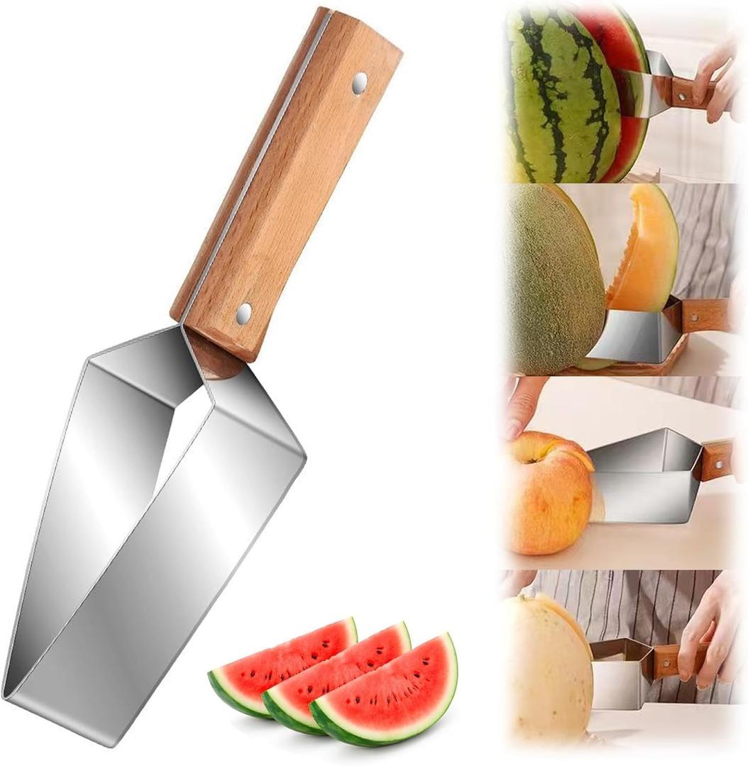 4 x Stainless Steel Watermelon Slicer with Wooden Handle, 2026 New Triangle Watermelon Cutter for Even Cubes, Professional Fruit Slicer Tool for Cantaloupe Honeydew & Summer Party