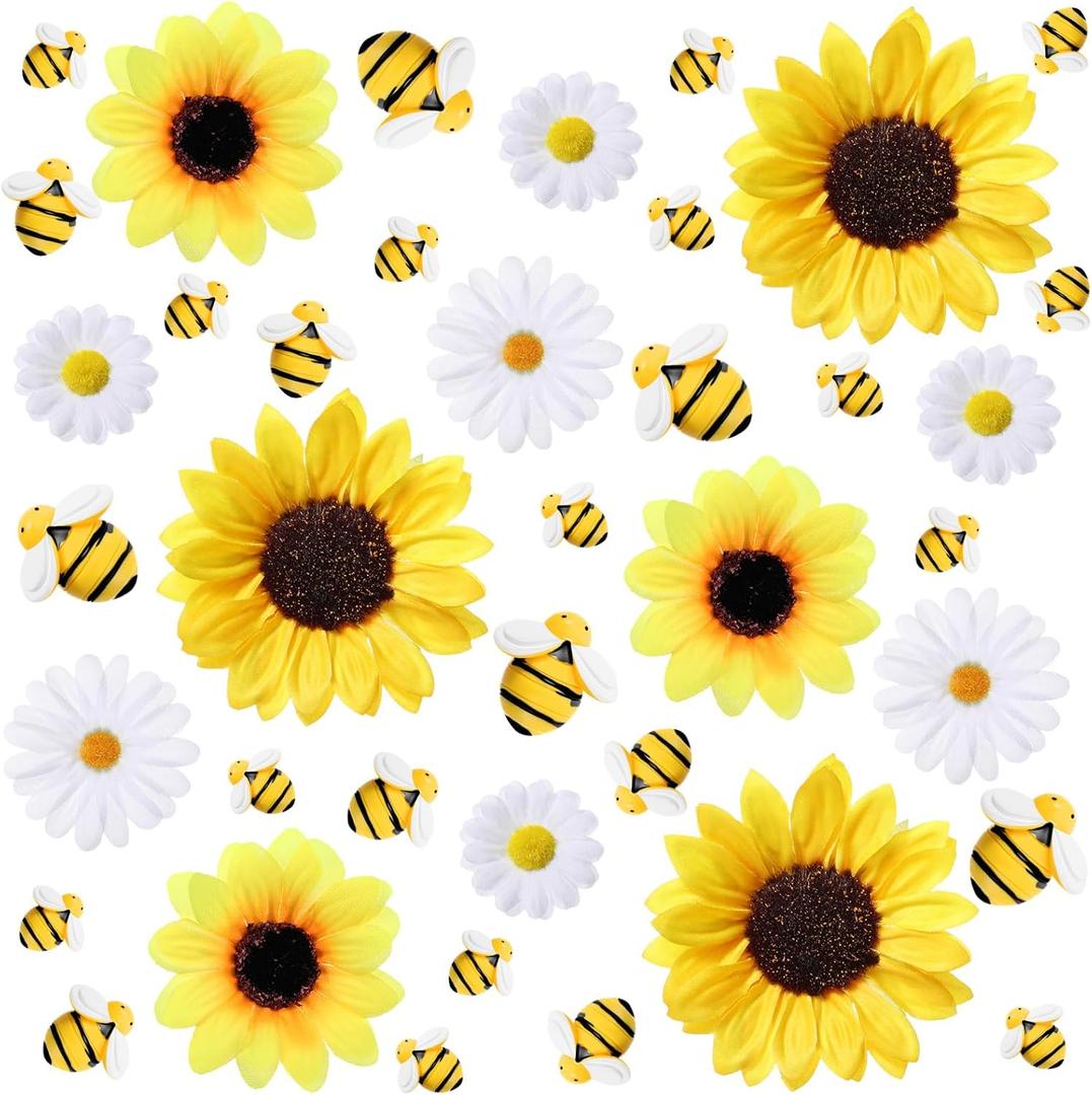 165Pcs 2.95 Inch Artificial Sunflower Heads Tiny Bees Craft Decoration Fake Faux Silk Sunflower Decoration Fabric 1.57 in Daisy Flower Head for Christmas Tree Craft Home Party Wedding DIY Decor (White)
