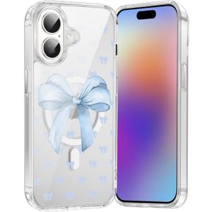 Magnetic for iPhone 17 6.3'' Blue Bow Phone Case, Compatible with MagSafe, Cute Ribbon Aesthetic Clear Case Wireless Soft Shockproof Anti-Yellowing Protective Cover for Women Girls