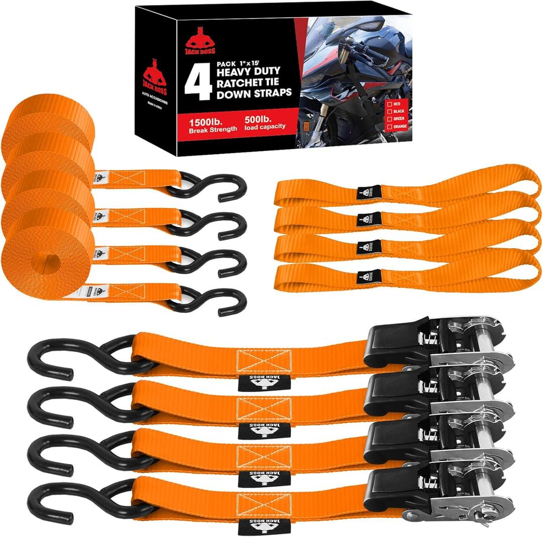 Jack Boss Ratchet Tie Down Straps Set, 1500 lbs Break Strength, 1" x 15' Heavy Duty Ratchet Straps with 4X Soft Loops Padded Handles Coated S Hook, Fits for Moving Appliances Motorcycle ATV Truck, Orange