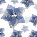 WILLBOND 36 Pieces Christmas Poinsettia Glitter Faux Flowers Christmas Artificial Flowers Tree Ornaments Topper Xmas Decorations(Dusty Blue)