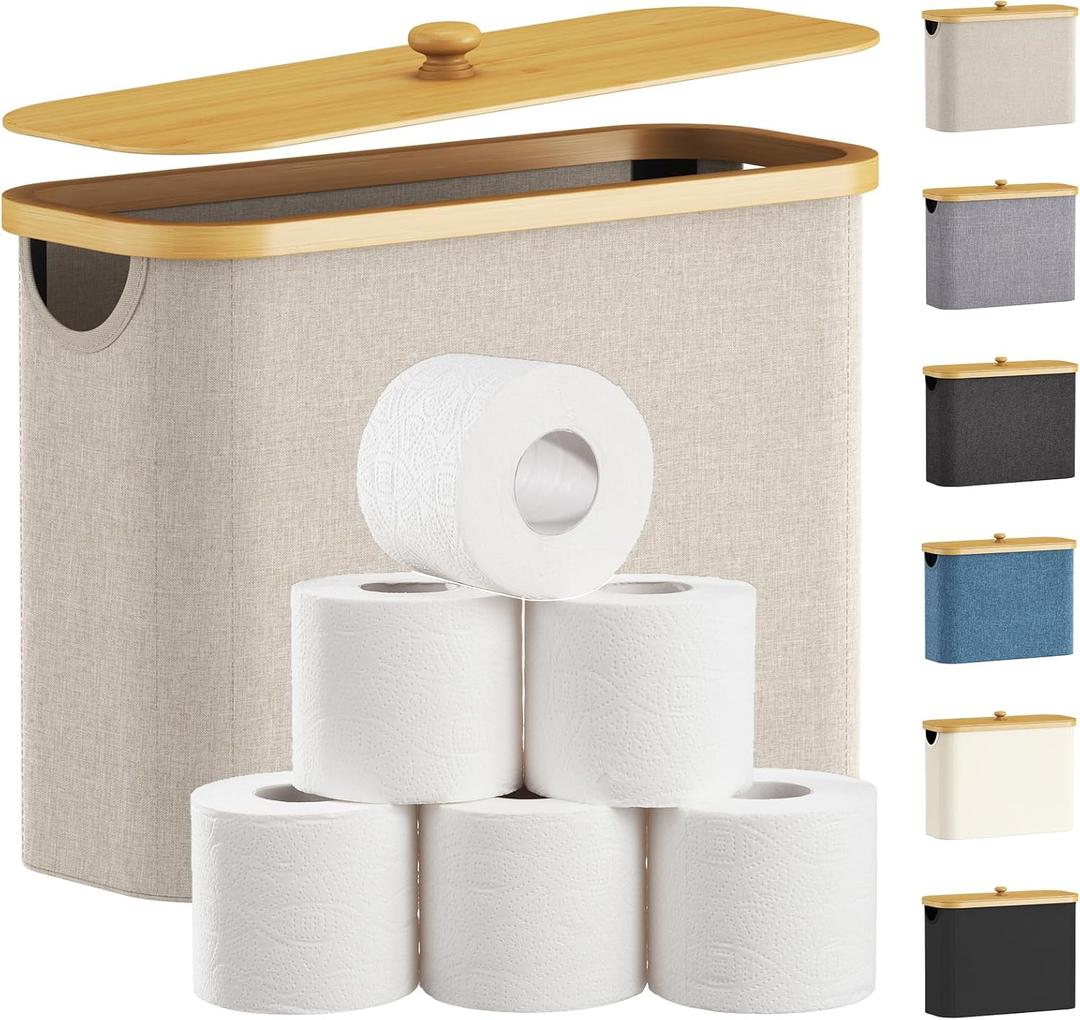 Lifewit Toilet Paper Storage Basket with Bamboo Lid, Holds 9 to 12 Rolls, Free Standing Toilet Paper Holder Stand, Bathroom Organizer Box Container Cabinet Bin, Medium, Pack of 1, Beige (23L)